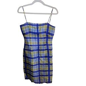 Vintage NKL Stunning Silk Blue Yellow Plaid Slip Dress Size 4